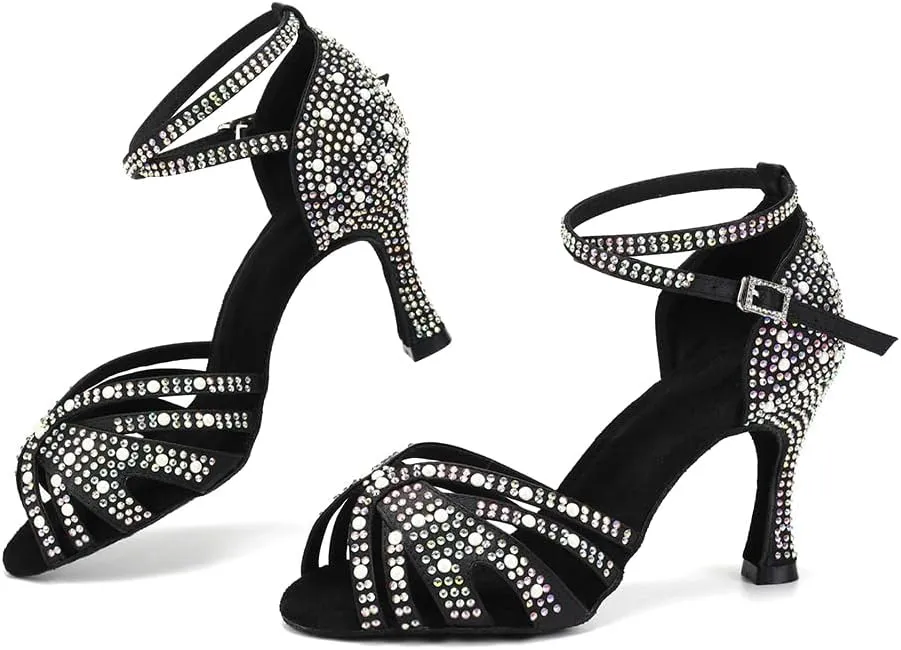 SWDZM Rhinestones Ballroom Dance Shoes Women Sparkling Latin Salsa Practice Dancing Shoes