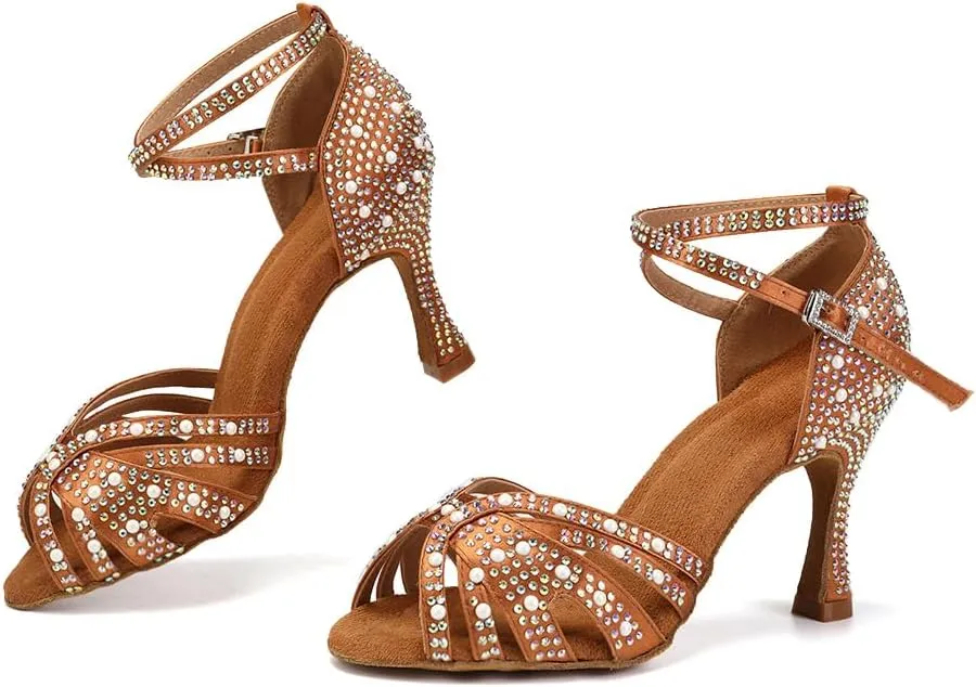 SWDZM Rhinestones Ballroom Dance Shoes Women Sparkling Latin Salsa Practice Dancing Shoes