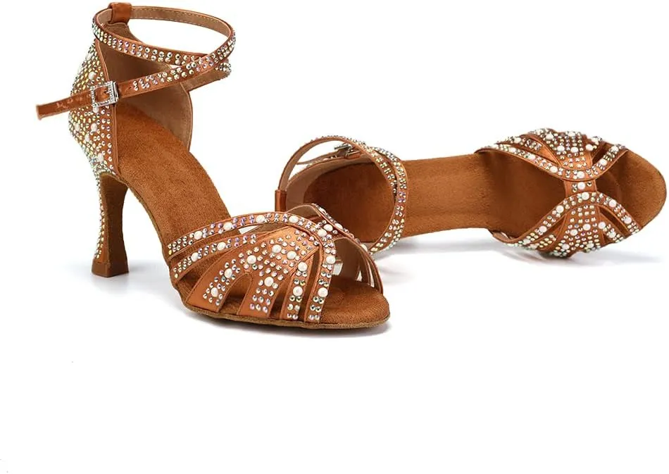 SWDZM Rhinestones Ballroom Dance Shoes Women Sparkling Latin Salsa Practice Dancing Shoes