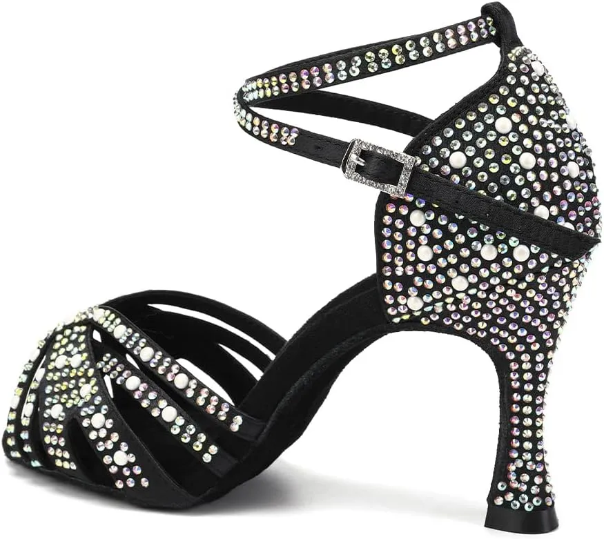 SWDZM Rhinestones Ballroom Dance Shoes Women Sparkling Latin Salsa Practice Dancing Shoes
