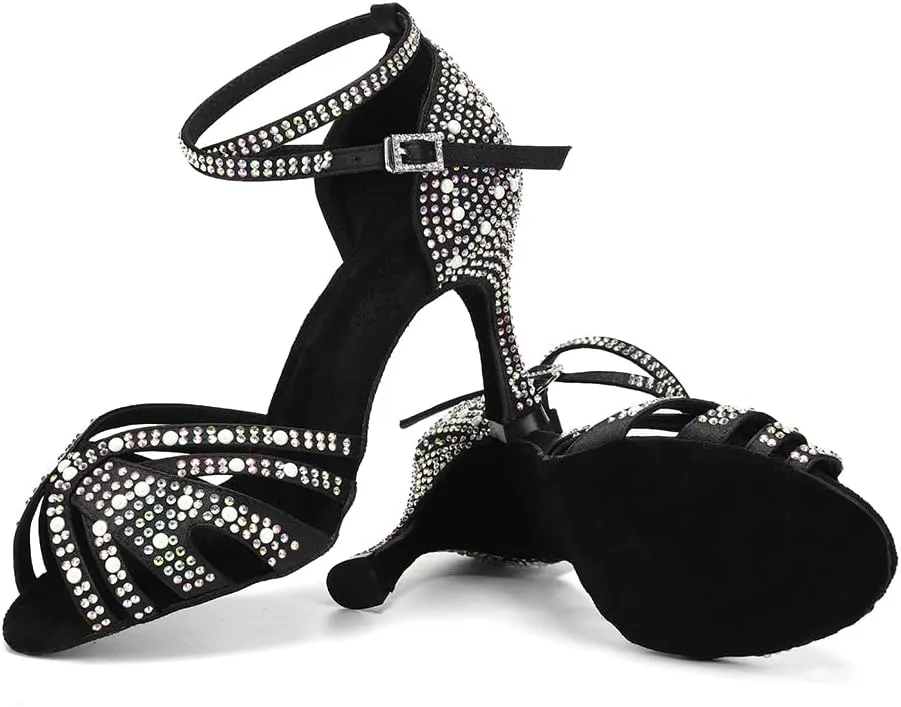 SWDZM Rhinestones Ballroom Dance Shoes Women Sparkling Latin Salsa Practice Dancing Shoes