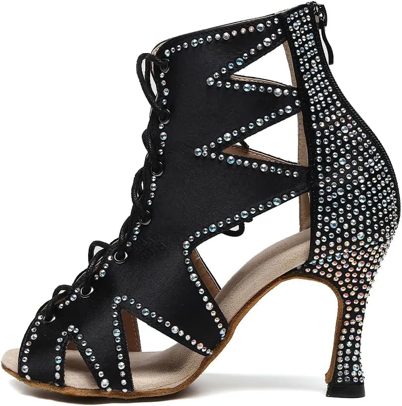 SWDZM Women Latin Dance Shoes Rhinestones Ballroom Salsa Party Performence Ankle Dance Boots with High Heel,Model-QJW9004
