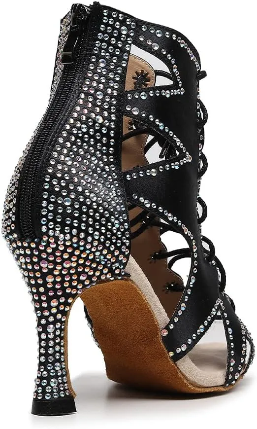 SWDZM Women Latin Dance Shoes Rhinestones Ballroom Salsa Party Performence Ankle Dance Boots with High Heel,Model-QJW9004