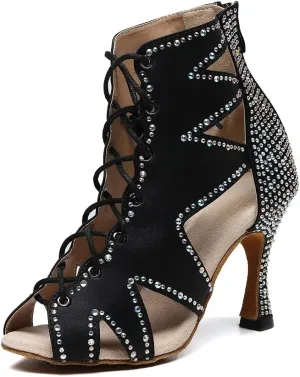 SWDZM Women Latin Dance Shoes Rhinestones Ballroom Salsa Party Performence Ankle Dance Boots with High Heel,Model-QJW9004