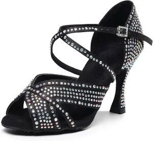 SWDZM Women Rhinestone Ballroom Dance Shoes Latin Salsa Performance Dance Shoes,Model QJW-Z011