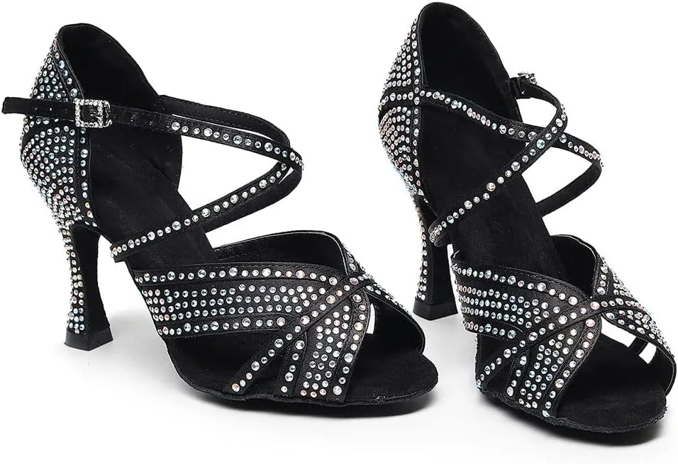 SWDZM Women Rhinestone Ballroom Dance Shoes Latin Salsa Performance Dance Shoes,Model QJW-Z011