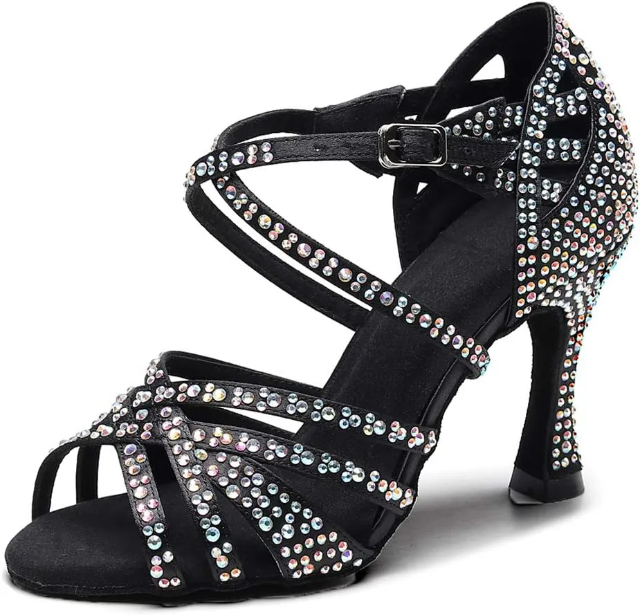 SWDZM Women Rhinestone Ballroom Dance Shoes Latin Salsa Performance Dance Shoes,Model-QJW1035