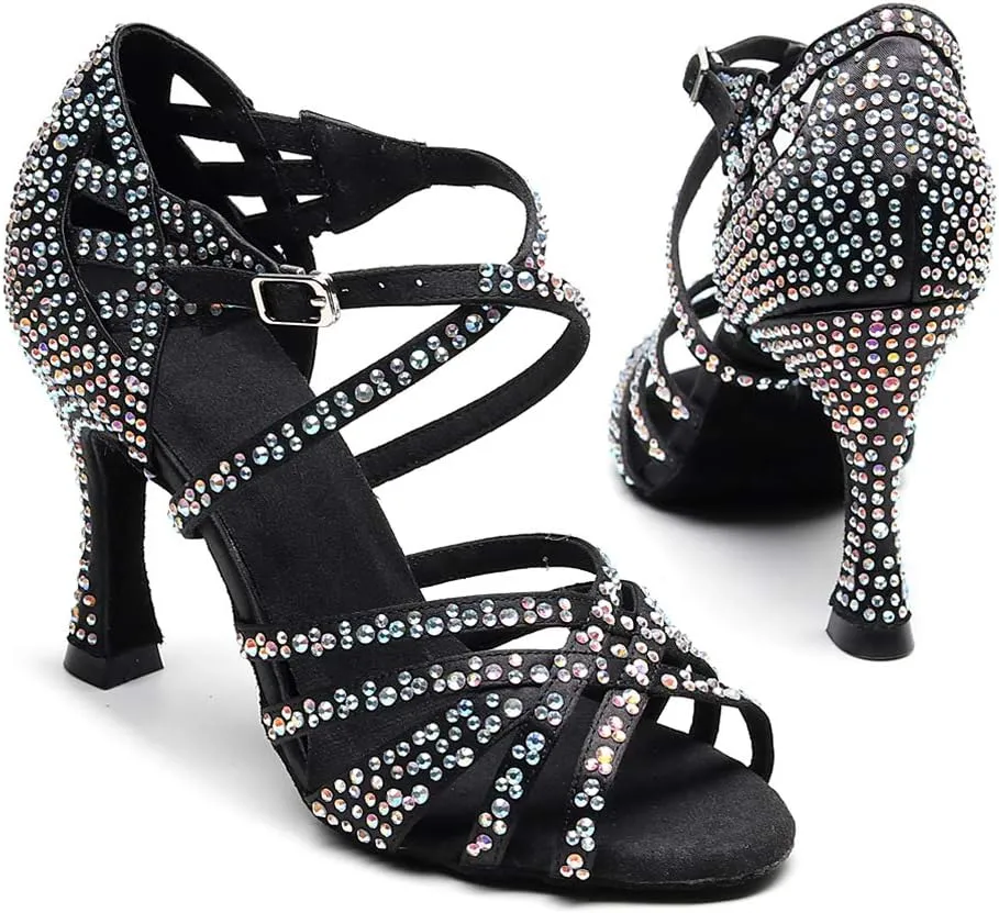 SWDZM Women Rhinestone Ballroom Dance Shoes Latin Salsa Performance Dance Shoes,Model-QJW1035