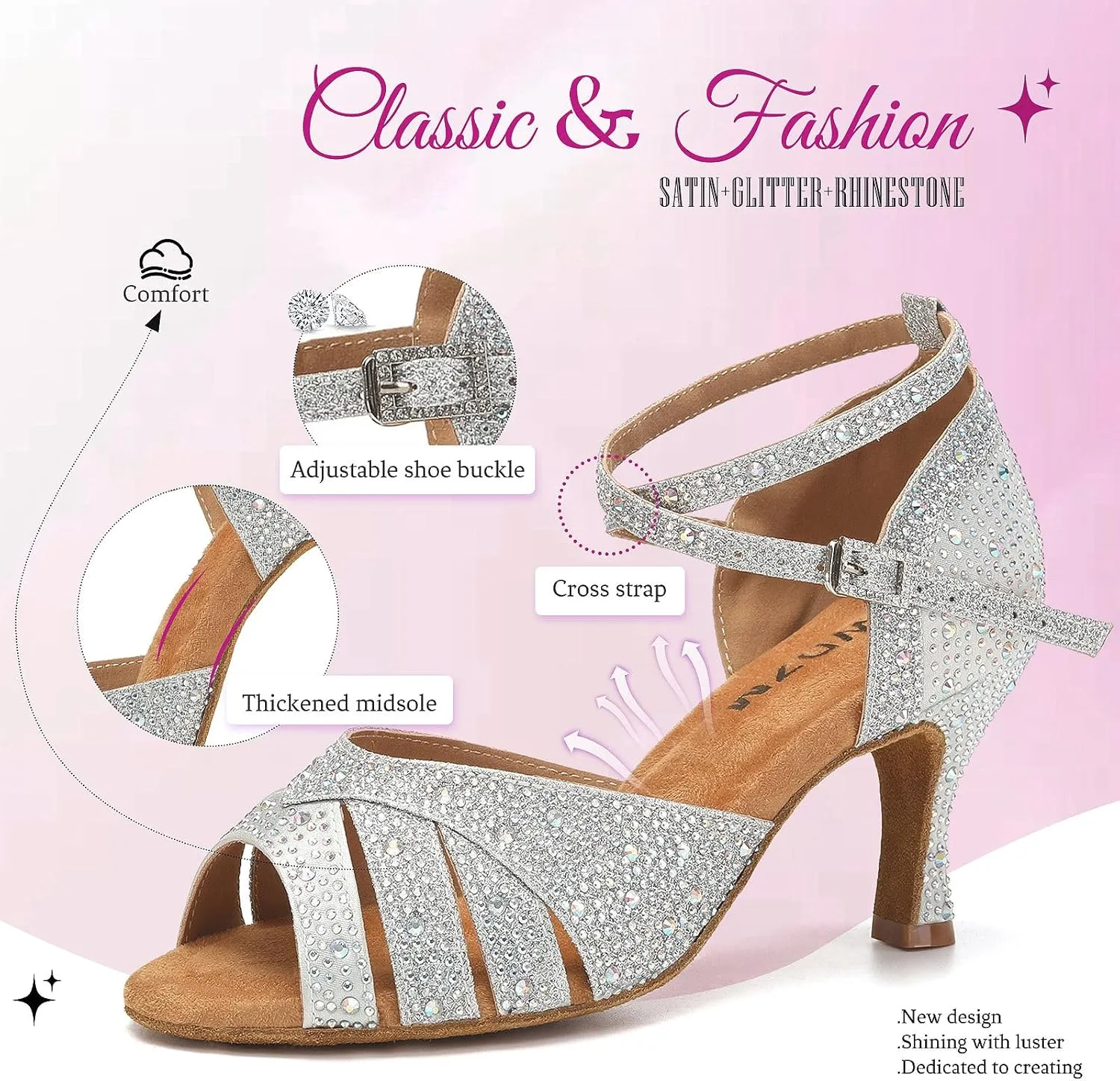 SWDZM Women Rhinestone Ballroom Dance Shoes Latin Salsa Performance Dancing Shoes