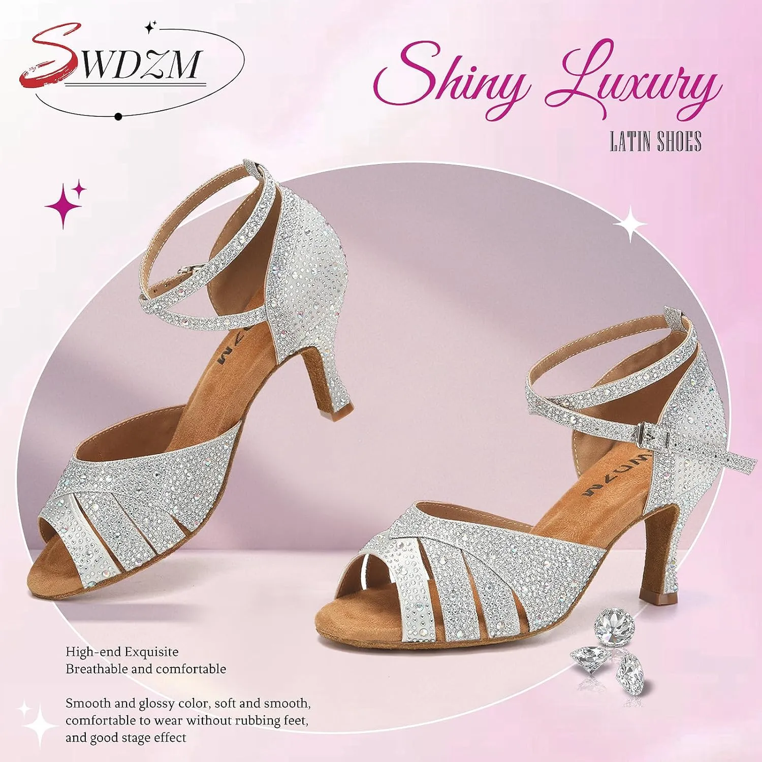 SWDZM Women Rhinestone Ballroom Dance Shoes Latin Salsa Performance Dancing Shoes