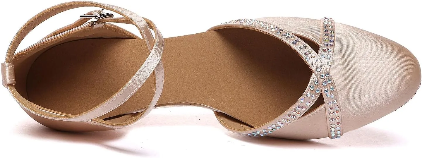 SWDZM Women's Ballroom Dance Shoes Closed Toe Latin Salsa Rhinestone Practice Dancing Shoes