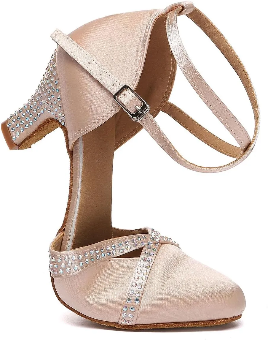 SWDZM Women's Ballroom Dance Shoes Closed Toe Latin Salsa Rhinestone Practice Dancing Shoes