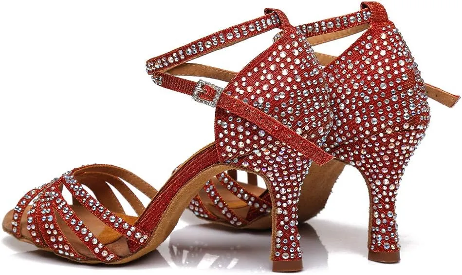 SWDZM Women's Ballroom Dance Shoes Rhinestone Latin Salsa Heeled Party Dance Shoes,Model L379