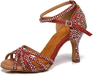 SWDZM Women's Ballroom Dance Shoes Rhinestone Latin Salsa Heeled Party Dance Shoes,Model L379