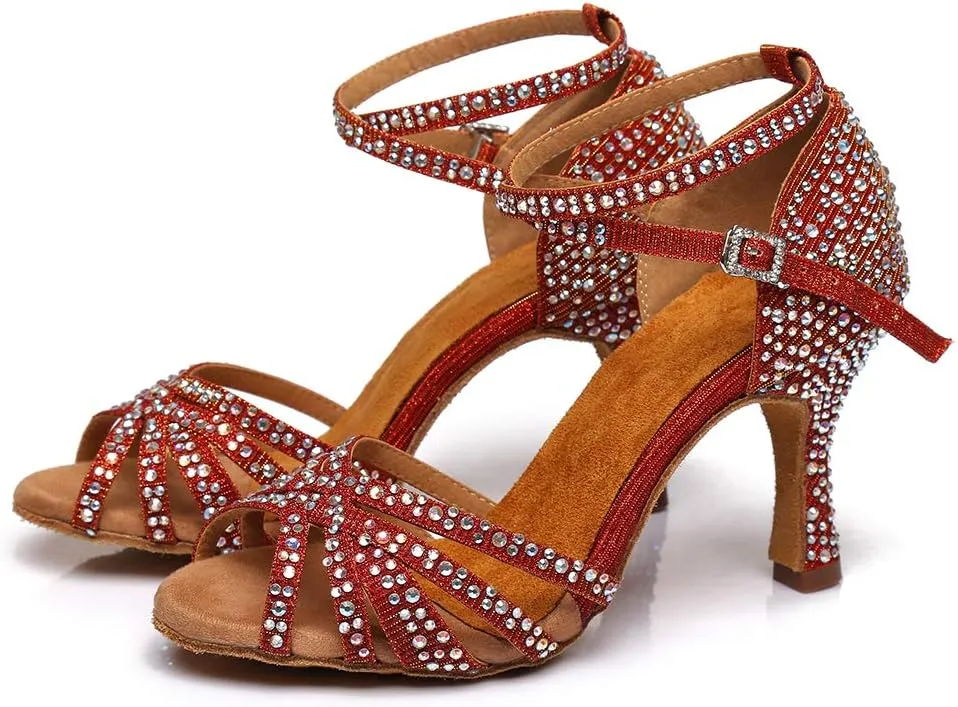 SWDZM Women's Ballroom Dance Shoes Rhinestone Latin Salsa Heeled Party Dance Shoes,Model L379