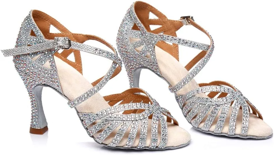 SWDZM Women's Ballroom Dance Shoes Rhinestone Latin Salsa Heeled Party Dance Shoes,Model L379