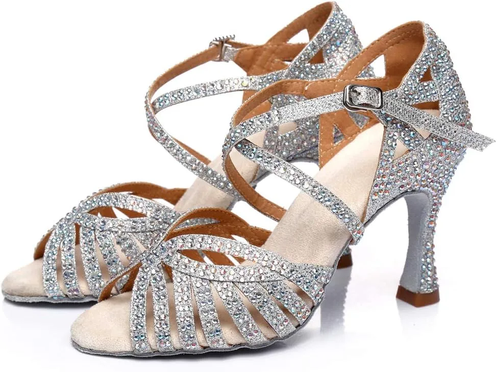 SWDZM Women's Ballroom Dance Shoes Rhinestone Latin Salsa Heeled Party Dance Shoes,Model L379