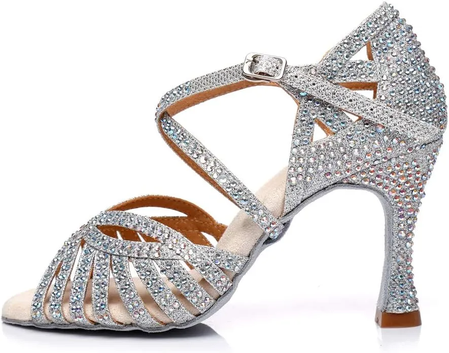 SWDZM Women's Ballroom Dance Shoes Rhinestone Latin Salsa Heeled Party Dance Shoes,Model L379