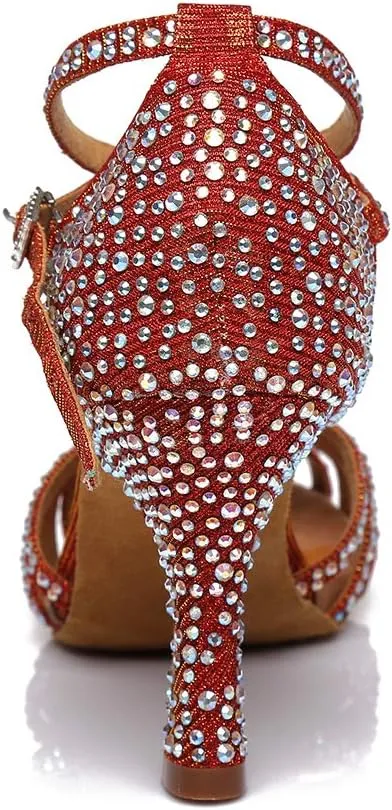 SWDZM Women's Ballroom Dance Shoes Rhinestone Latin Salsa Heeled Party Dance Shoes,Model L379