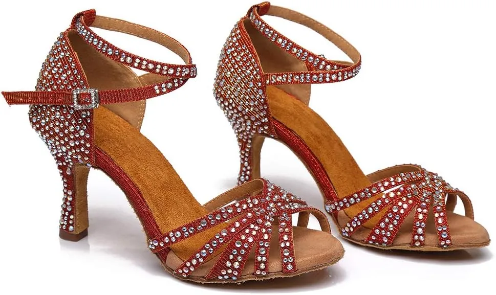 SWDZM Women's Ballroom Dance Shoes Rhinestone Latin Salsa Heeled Party Dance Shoes,Model L379