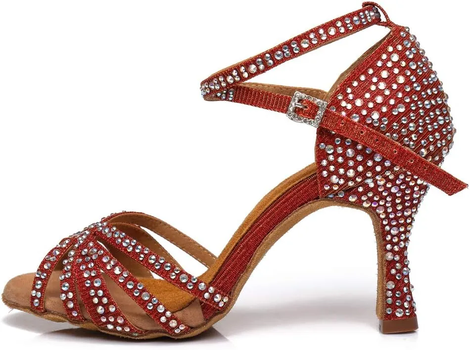 SWDZM Women's Ballroom Dance Shoes Rhinestone Latin Salsa Heeled Party Dance Shoes,Model L379