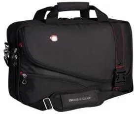 Swiss Gear Men's 15.6" Black Leather Briefcase with Jetted Pocket and Buckle, Laptop Bag, Modern Sports Minimalist Style