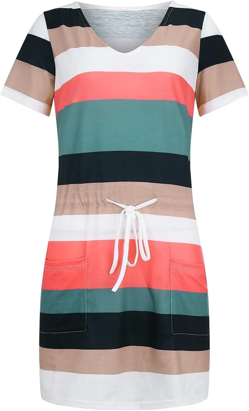 T Shirt Dresses for Women Striped Short Sleeve Tie Waist Mini Tshirt Dress Cute Summer Short Sundresses with Pockets