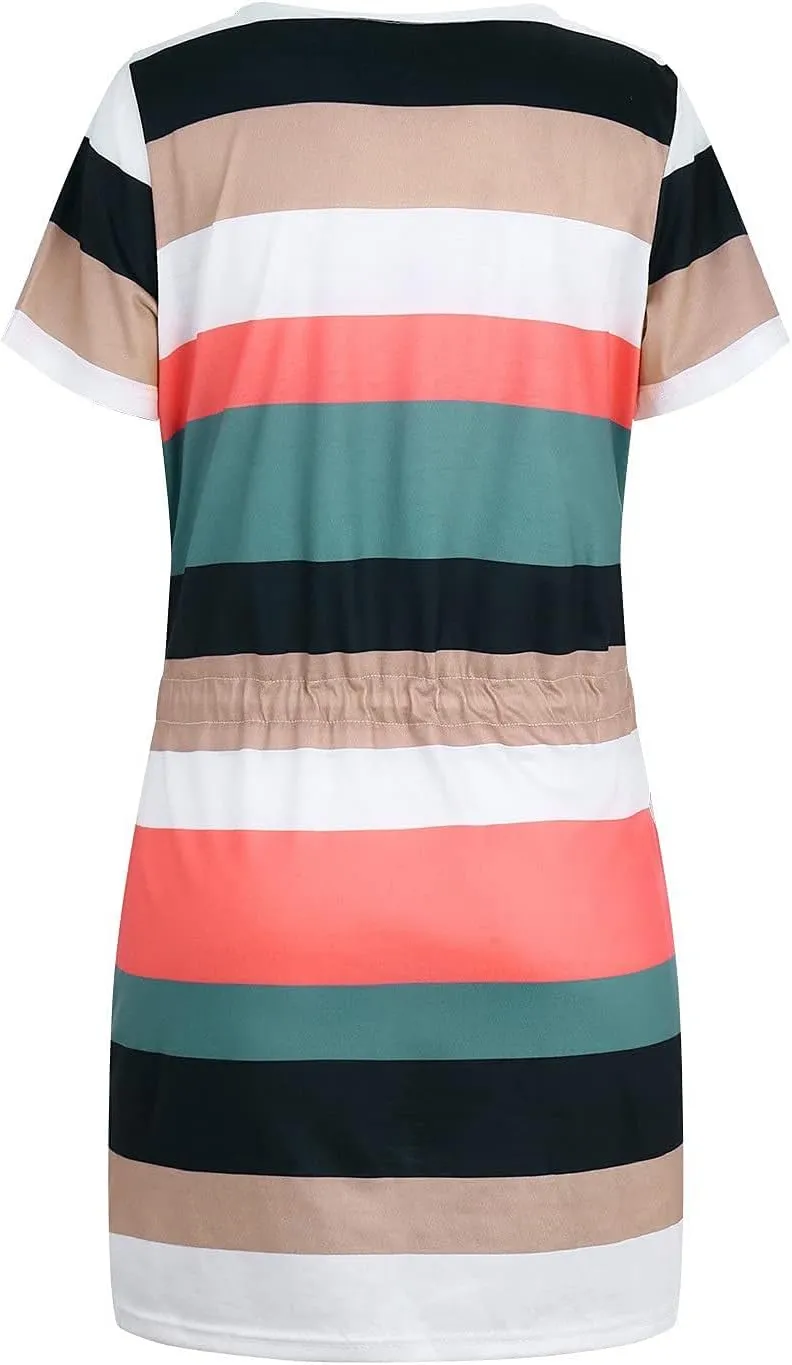 T Shirt Dresses for Women Striped Short Sleeve Tie Waist Mini Tshirt Dress Cute Summer Short Sundresses with Pockets