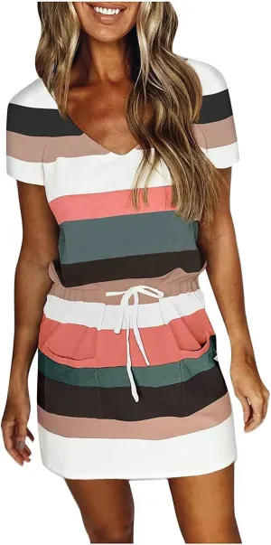 T Shirt Dresses for Women Striped Short Sleeve Tie Waist Mini Tshirt Dress Cute Summer Short Sundresses with Pockets