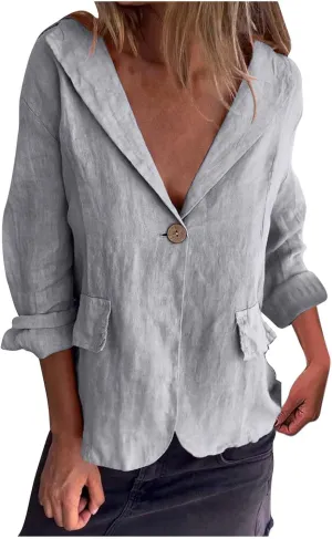 TANGNADE Linen Blazer Women Lightweight Casual Long Sleeve Spring Summer Jackets One Button Lapel Suit Blazer