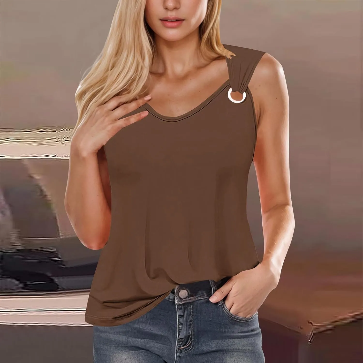 Tank Top for Women 2025 Dressy Casual Summer V Neck Sleeveless Camisole Ring Straps Loose Fit Workout Basic Shirts