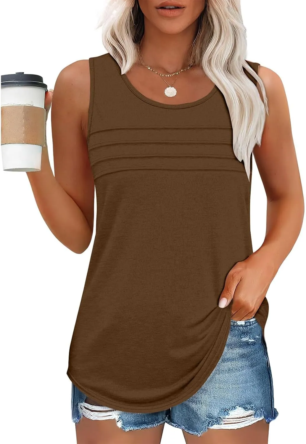Tank Top for Women Summer Trendy Crewneck Sleeveless Pleated Tops Loose Fit Flowy Blouses Casual Shirts Fashion 2025
