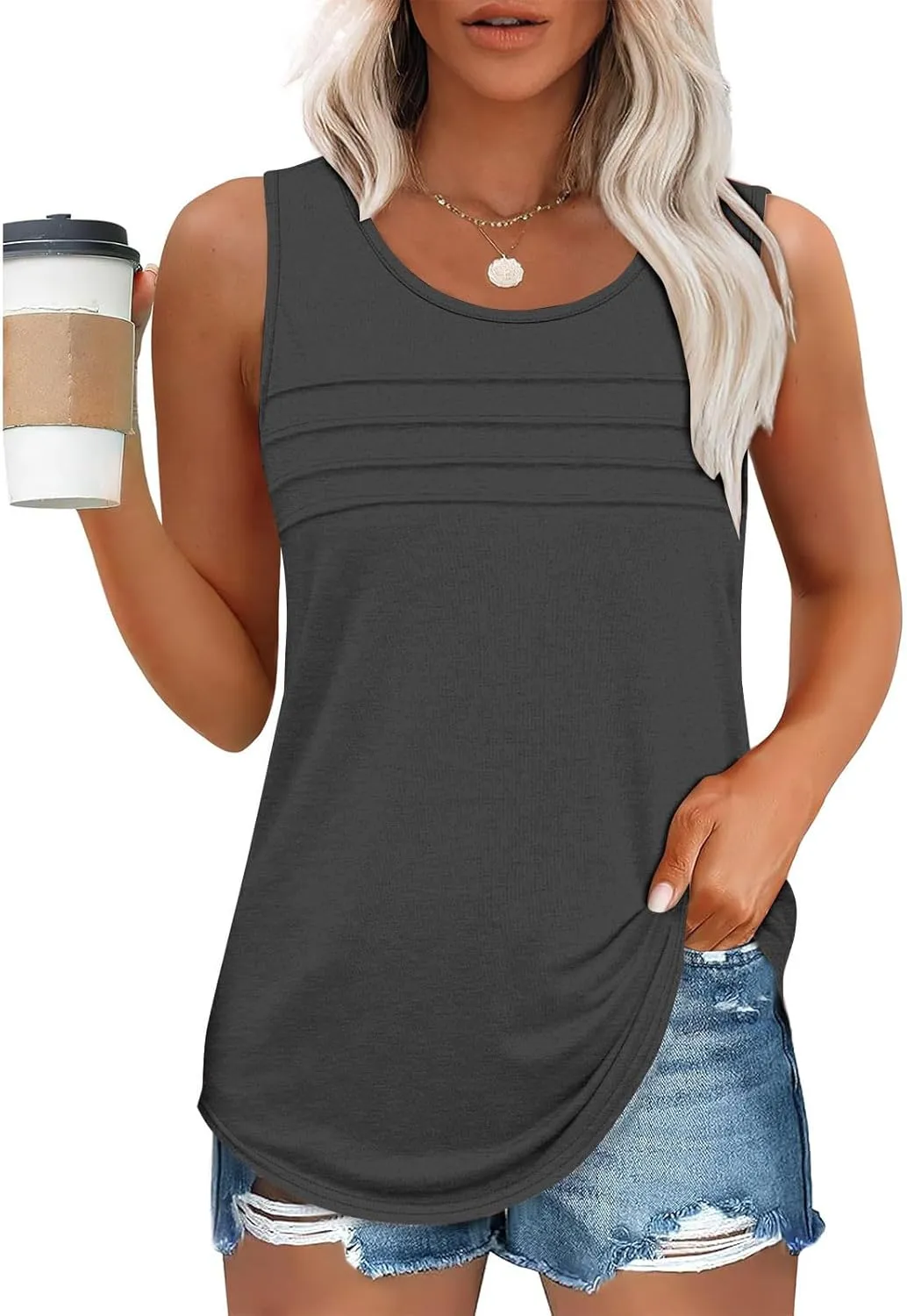Tank Top for Women Summer Trendy Crewneck Sleeveless Pleated Tops Loose Fit Flowy Blouses Casual Shirts Fashion 2025