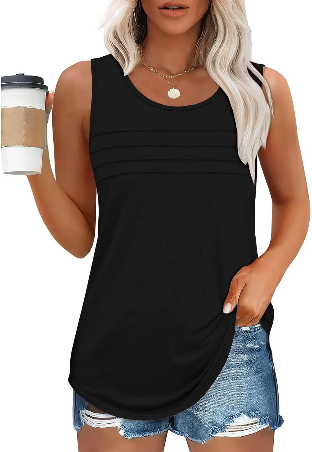 Tank Top for Women Summer Trendy Crewneck Sleeveless Pleated Tops Loose Fit Flowy Blouses Casual Shirts Fashion 2025