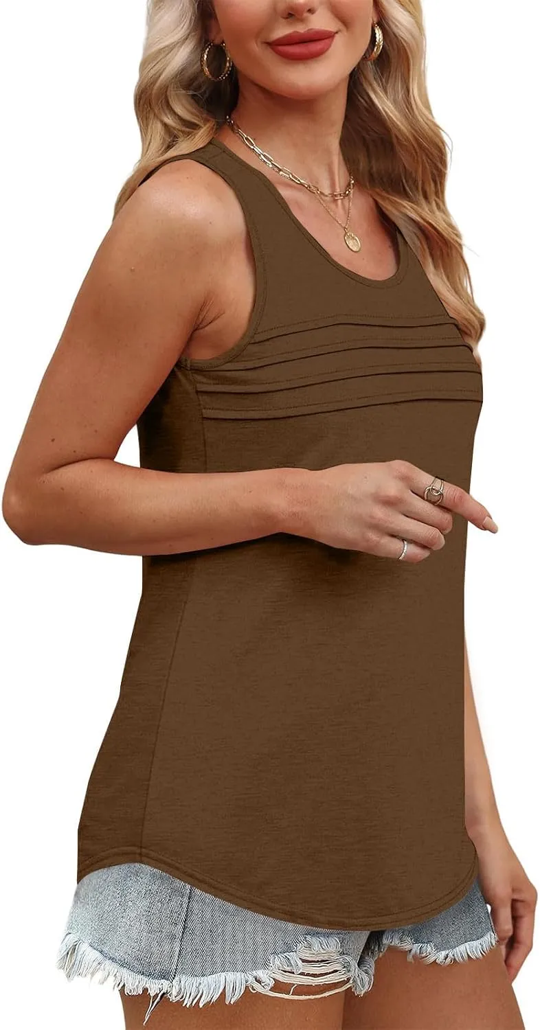 Tank Top for Women Summer Trendy Crewneck Sleeveless Pleated Tops Loose Fit Flowy Blouses Casual Shirts Fashion 2025