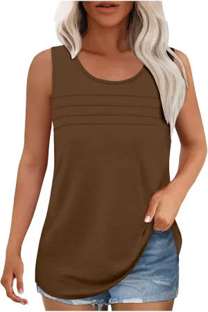 Tank Top for Women Summer Trendy Crewneck Sleeveless Pleated Tops Loose Fit Flowy Blouses Casual Shirts Fashion 2025