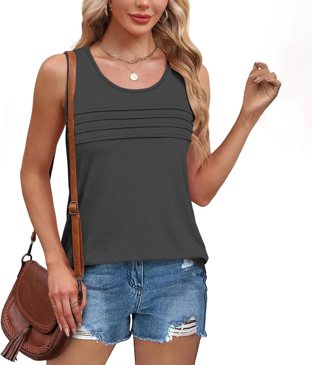 Tank Top for Women Summer Trendy Crewneck Sleeveless Pleated Tops Loose Fit Flowy Blouses Casual Shirts Fashion 2025