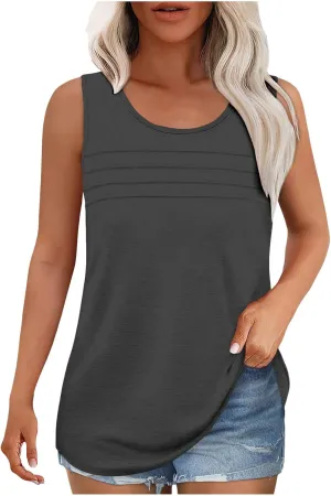 Tank Top for Women Summer Trendy Crewneck Sleeveless Pleated Tops Loose Fit Flowy Blouses Casual Shirts Fashion 2025