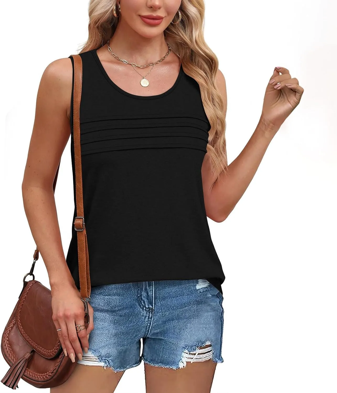 Tank Top for Women Summer Trendy Crewneck Sleeveless Pleated Tops Loose Fit Flowy Blouses Casual Shirts Fashion 2025