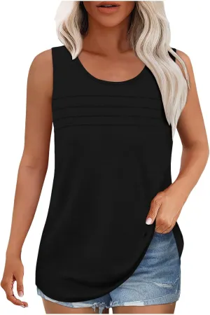 Tank Top for Women Summer Trendy Crewneck Sleeveless Pleated Tops Loose Fit Flowy Blouses Casual Shirts Fashion 2025