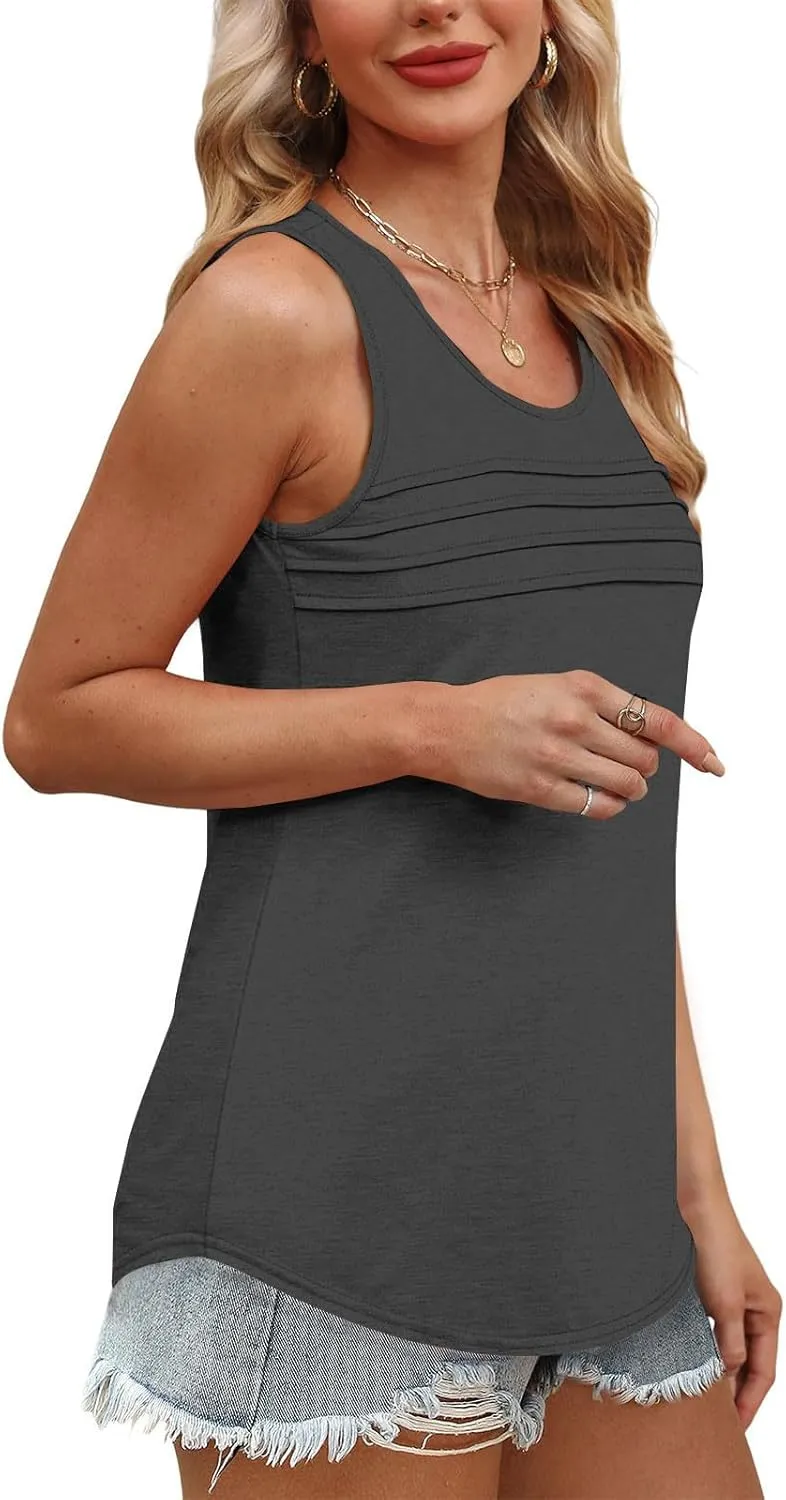 Tank Top for Women Summer Trendy Crewneck Sleeveless Pleated Tops Loose Fit Flowy Blouses Casual Shirts Fashion 2025