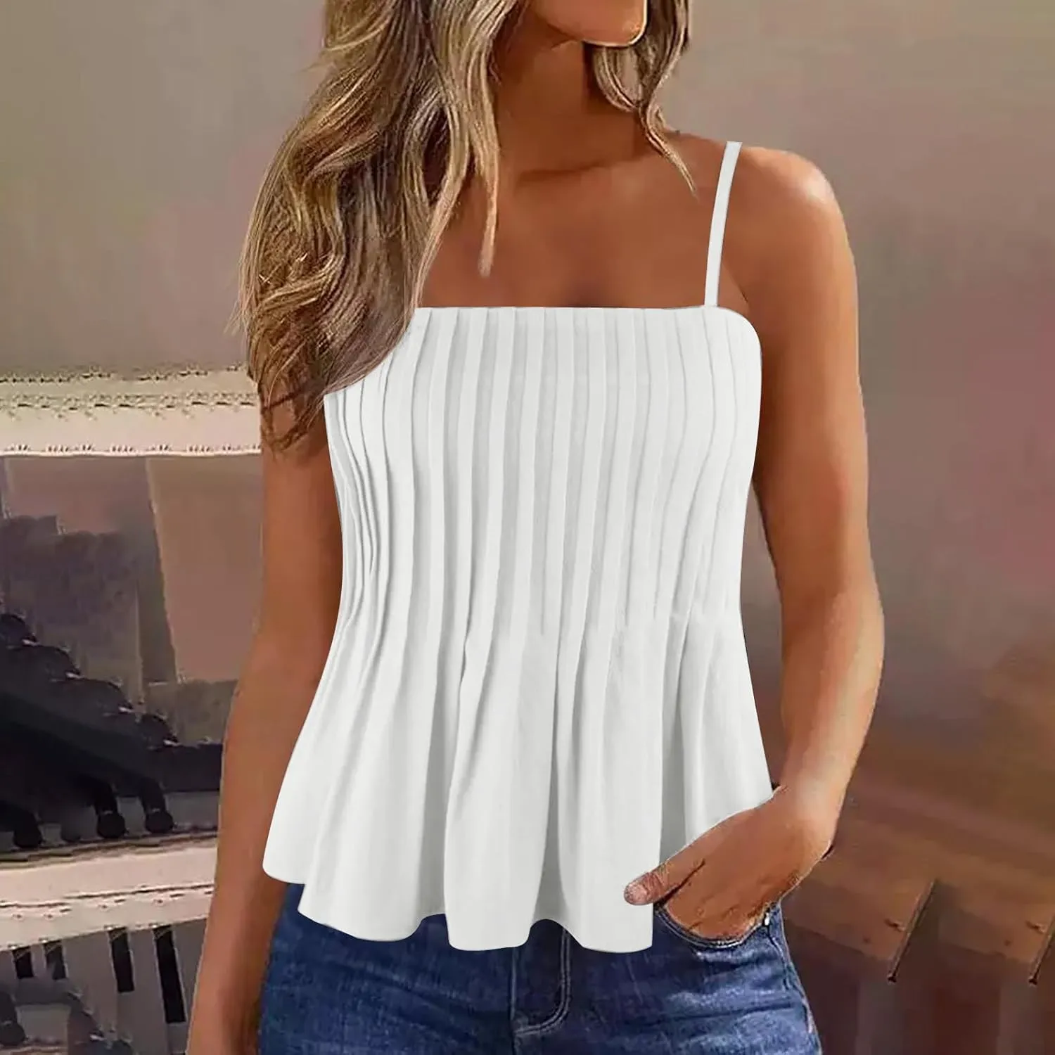 Tank Tops for Women Pleated Spaghetti Strap Camisole Loose Fit Casual Sleeveless Flowy Crop Tops Sexy Y2K Outfit 2025