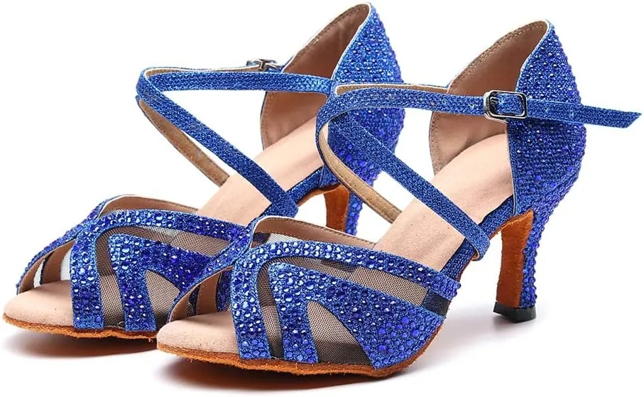 TDA Women's Peep Toe Glitter Synthetic Rhinestones Mesh Salsa Social Latin Dance Shoes Wedding Praty Sandals
