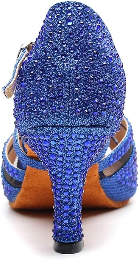 TDA Women's Peep Toe Glitter Synthetic Rhinestones Mesh Salsa Social Latin Dance Shoes Wedding Praty Sandals