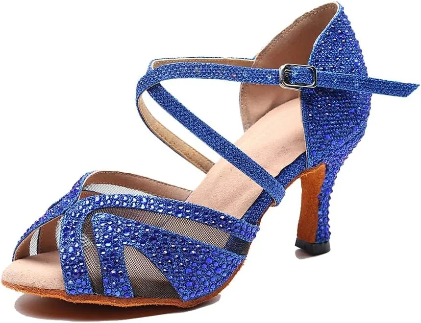 TDA Women's Peep Toe Glitter Synthetic Rhinestones Mesh Salsa Social Latin Dance Shoes Wedding Praty Sandals