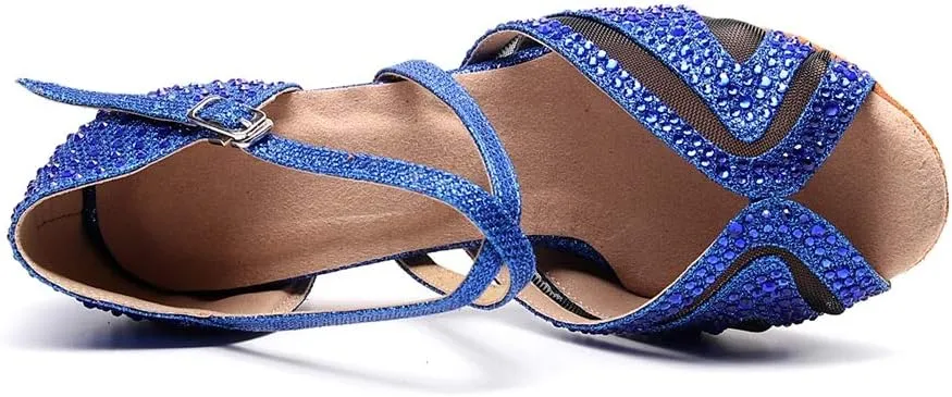 TDA Women's Peep Toe Glitter Synthetic Rhinestones Mesh Salsa Social Latin Dance Shoes Wedding Praty Sandals