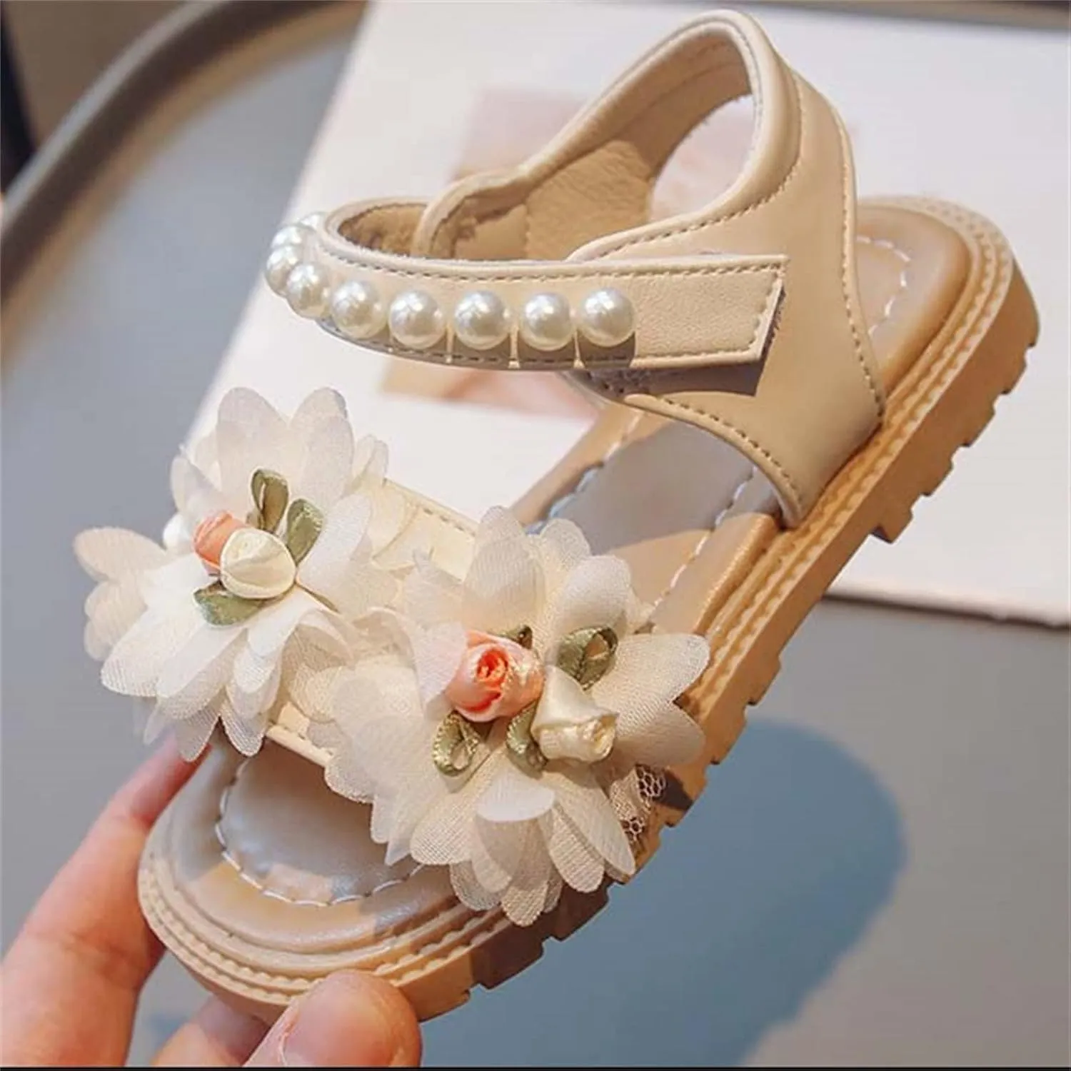 Toddler Girl Flower Sandals Lightweight Pearl Strap Open Toe Breathable Soft Sole Beach Holiday Princess Shoes