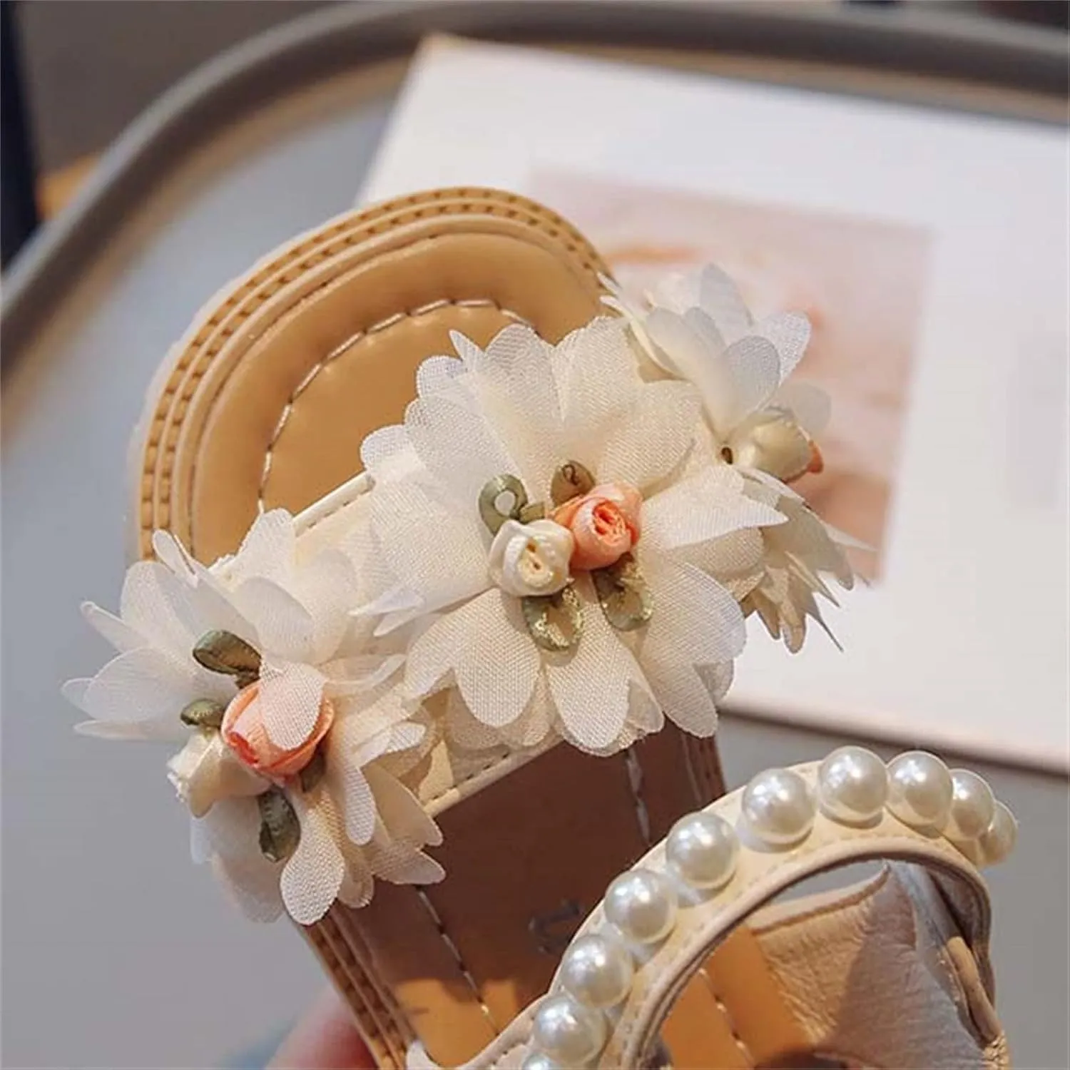 Toddler Girl Flower Sandals Lightweight Pearl Strap Open Toe Breathable Soft Sole Beach Holiday Princess Shoes