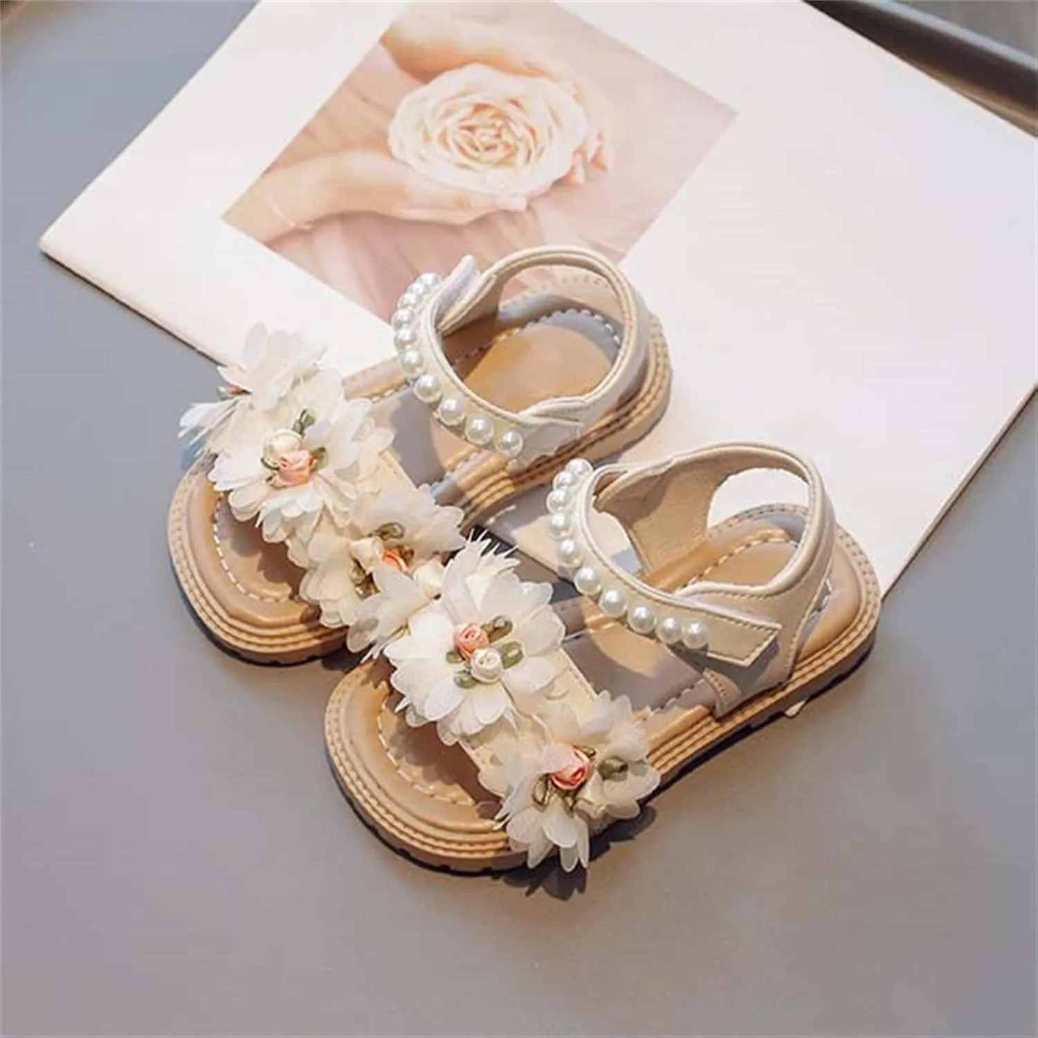 Toddler Girl Flower Sandals Lightweight Pearl Strap Open Toe Breathable Soft Sole Beach Holiday Princess Shoes