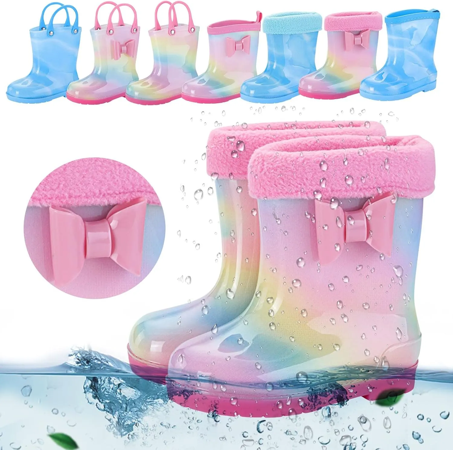 Toddler Kids Rain Boots with Cute Bow Waterproof Rubber Boots for Girls Boys Tie Dye Gradient Color Rainboots